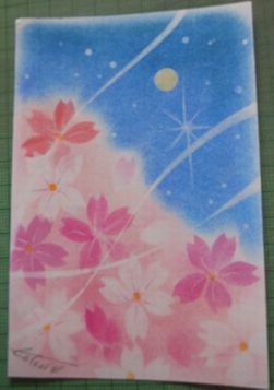 月の桜パート2 001 はがきサイズ パステルアート作品: パステル絵画